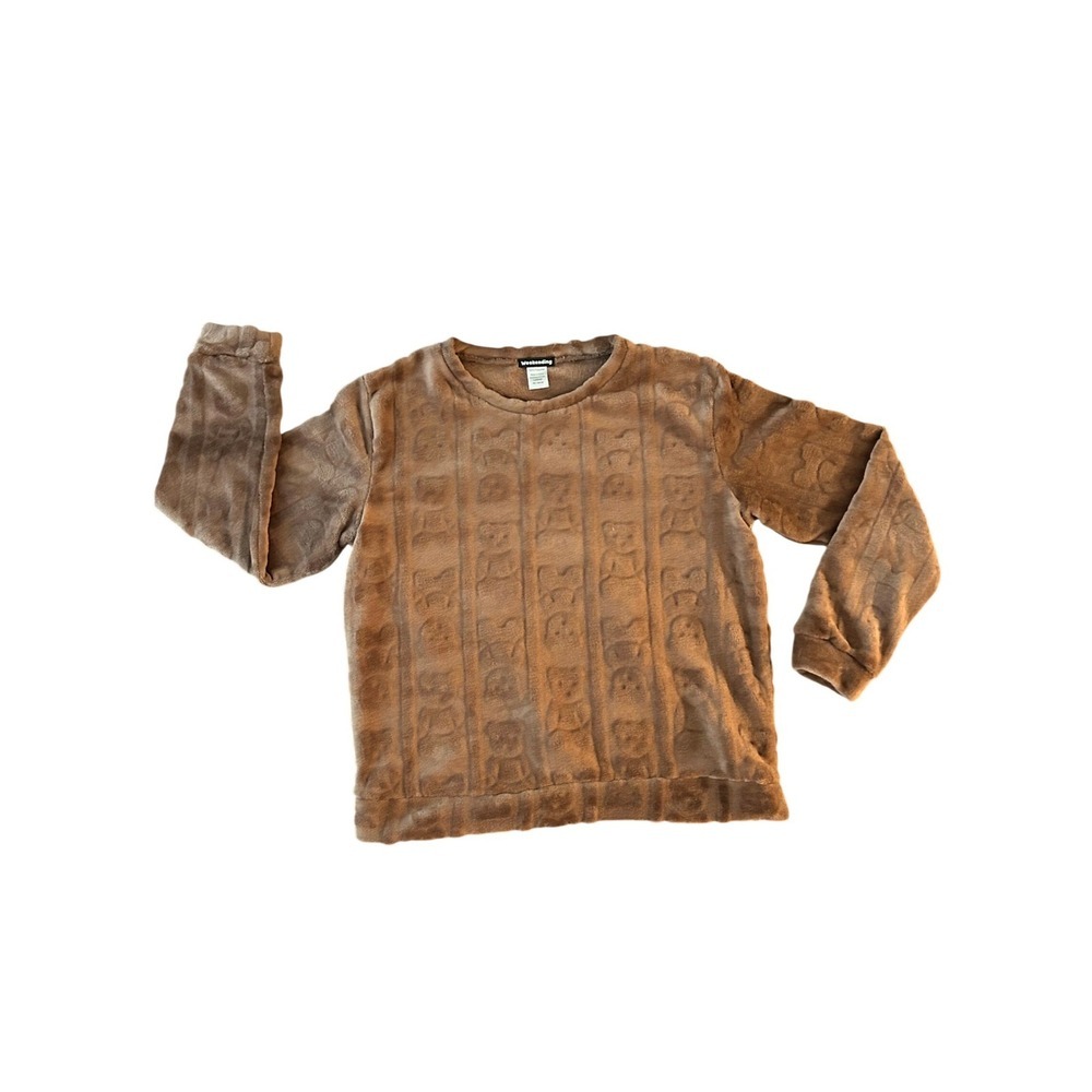 Weekending Brown Teddy Bear Embossed Fleece Sweatshirt Crew Neck Large (0440)